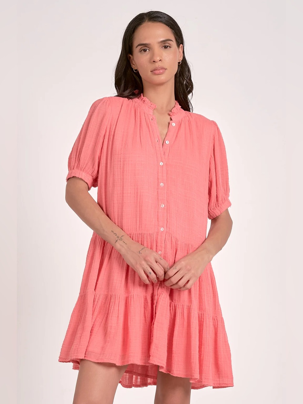 Elan Coral Pink Tiered Button-Front Short Dress